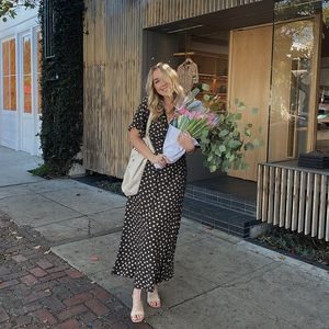 Polka dot open back v neck maxi dress